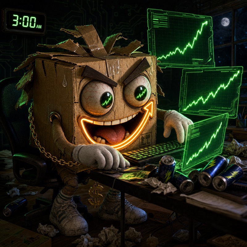 The AMAZIN box character deep in research at night